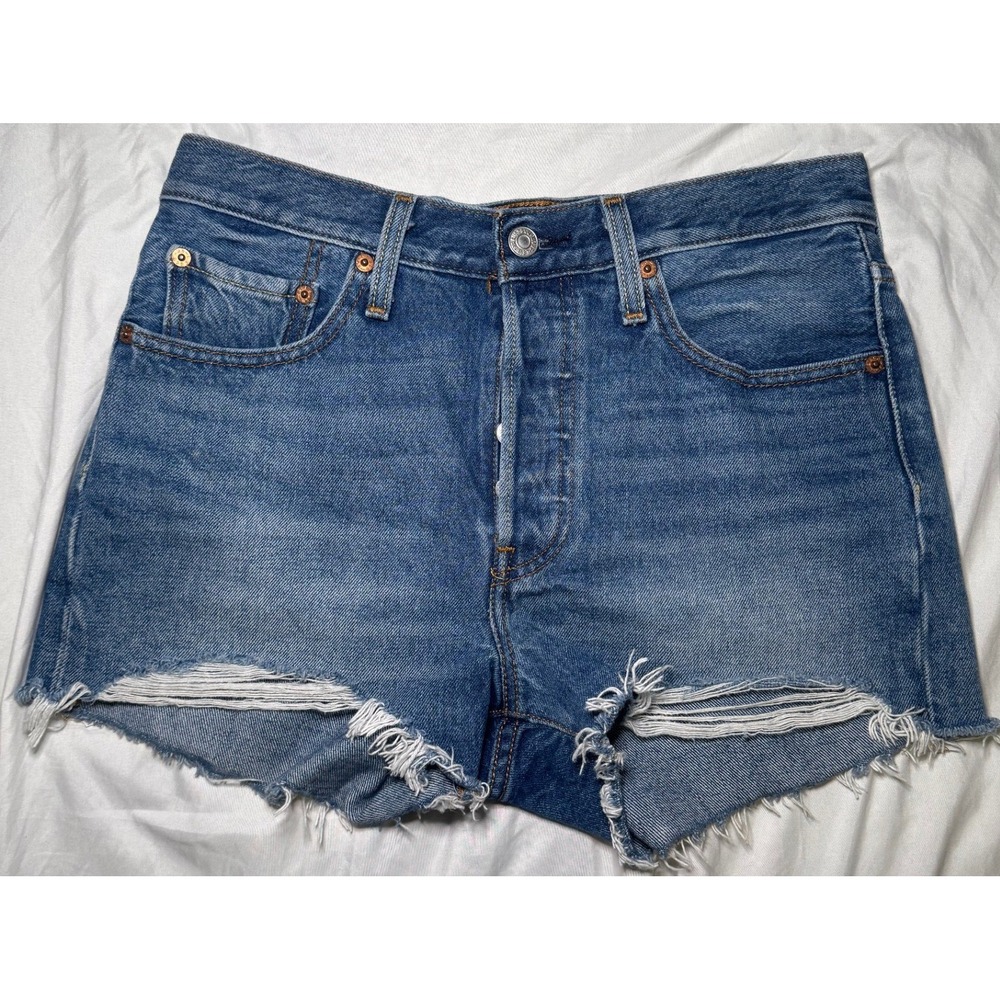 Levi's 501 Original Cut Off Denim Shorts Womens 30 Blue High Rise Frayed Hem